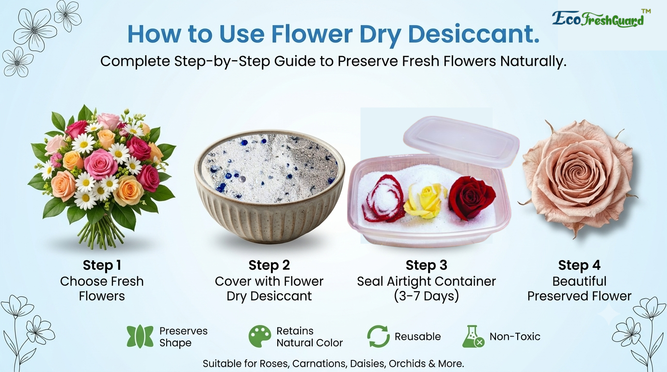 How to Use Flower Dry Desiccant - Step-by-Step Guide to Preserve Fresh Flowers Using Eco FreshGuard Silica Gel Crystals