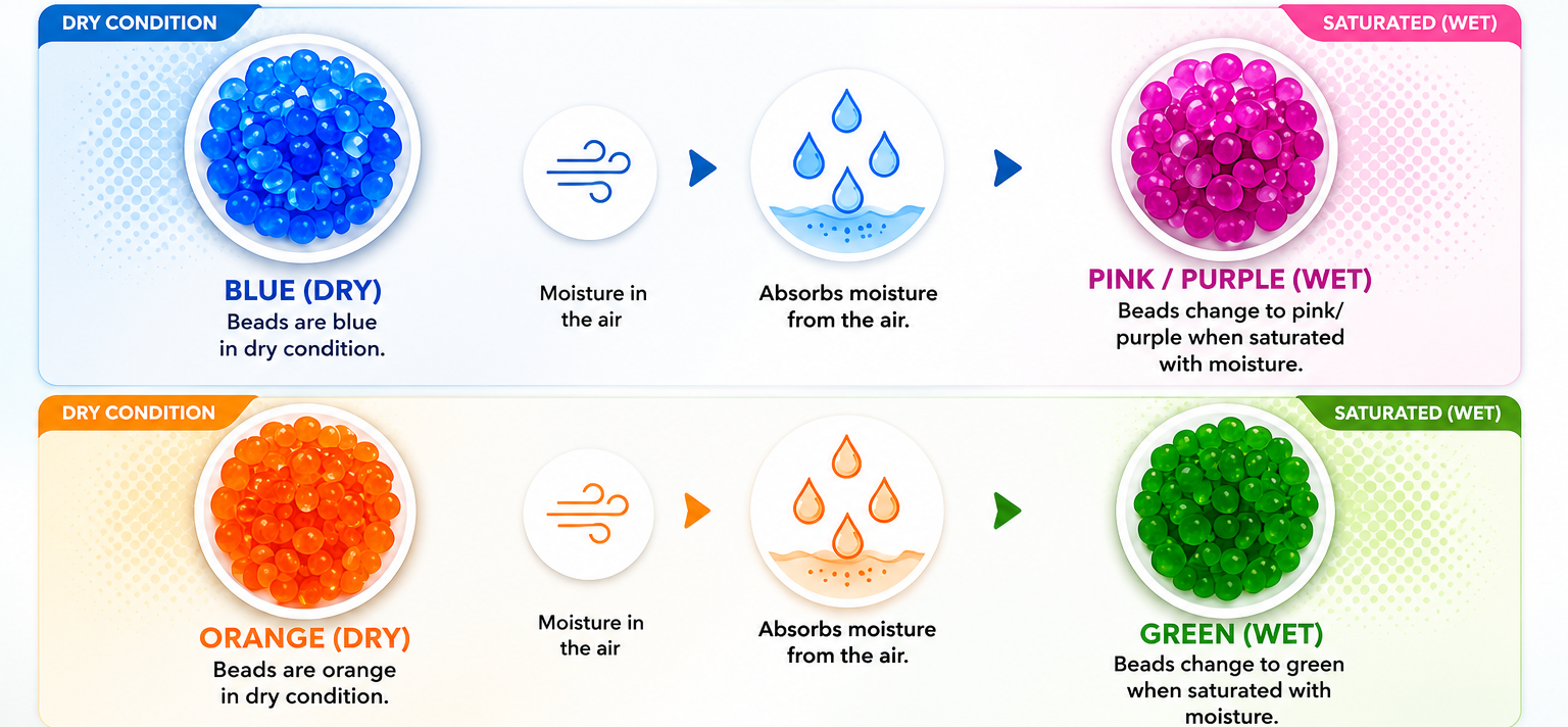 Indicating Silica Gel is widely used across industries where moisture control and humidity monitoring are essential. Its colour-changing properties provide instant visual indication of saturation, making it ideal for protecting valuable products during storage, packaging and transportation.