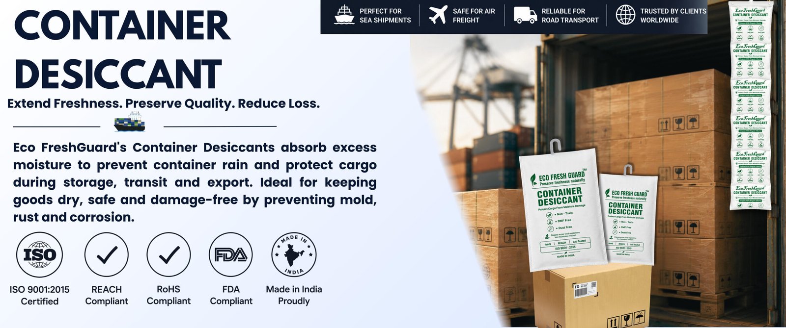 Container desiccant for export shipping containers